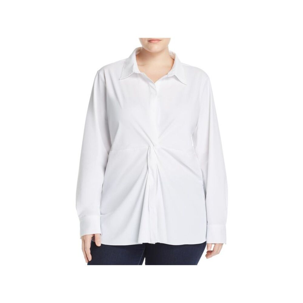 LYSSE Womens White Cuffed Sleeve Collared Wear To Work Button Up Top Plus 1X